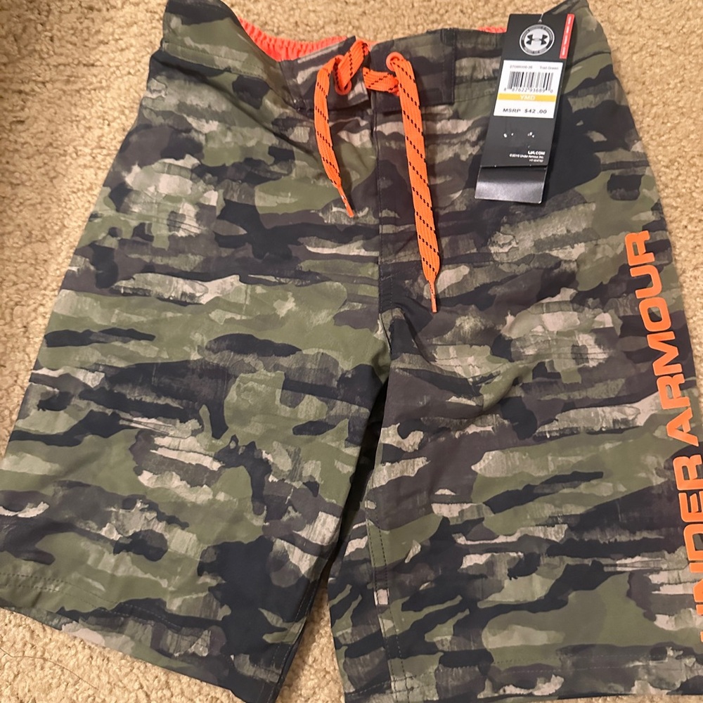 Under Armour Camo Board Shorts with Orange Accents